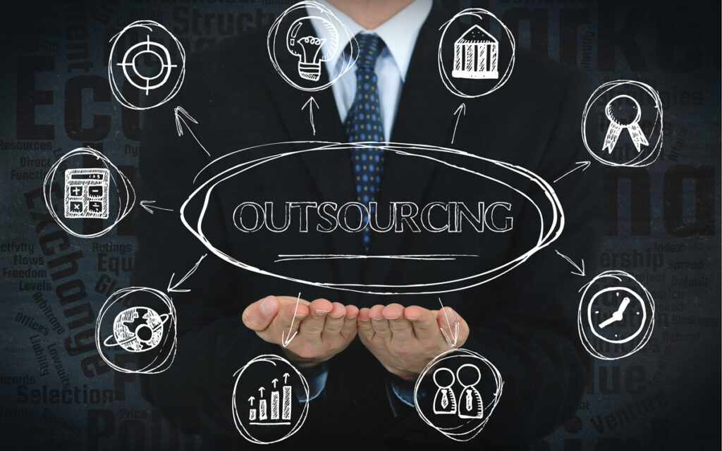 Outsourcing concept image with business icons.
